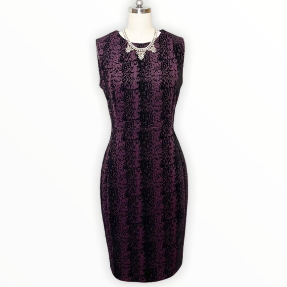 Calvin Klein Velvet Damask Flocked Sheath Dress Black Purple 8 - Picture 5 of 14